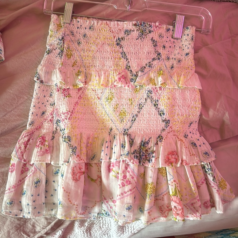 Love shack fancy floral skirt and blouse set.